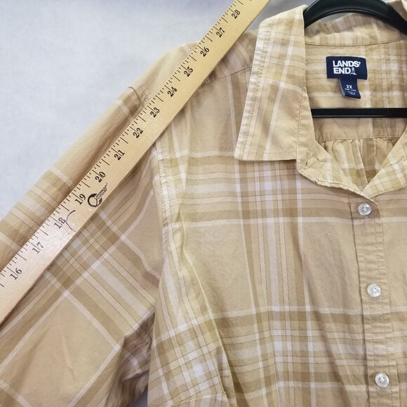 Lands End Button Up Shirt Women 2X 20-22 Brown Plaid Cotton Long Sleeve Tab Camp - Picture 12 of 14